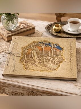 🌸 Vintage Beige and Blue Embossed Millhouse Photo Album/ Scrapbook